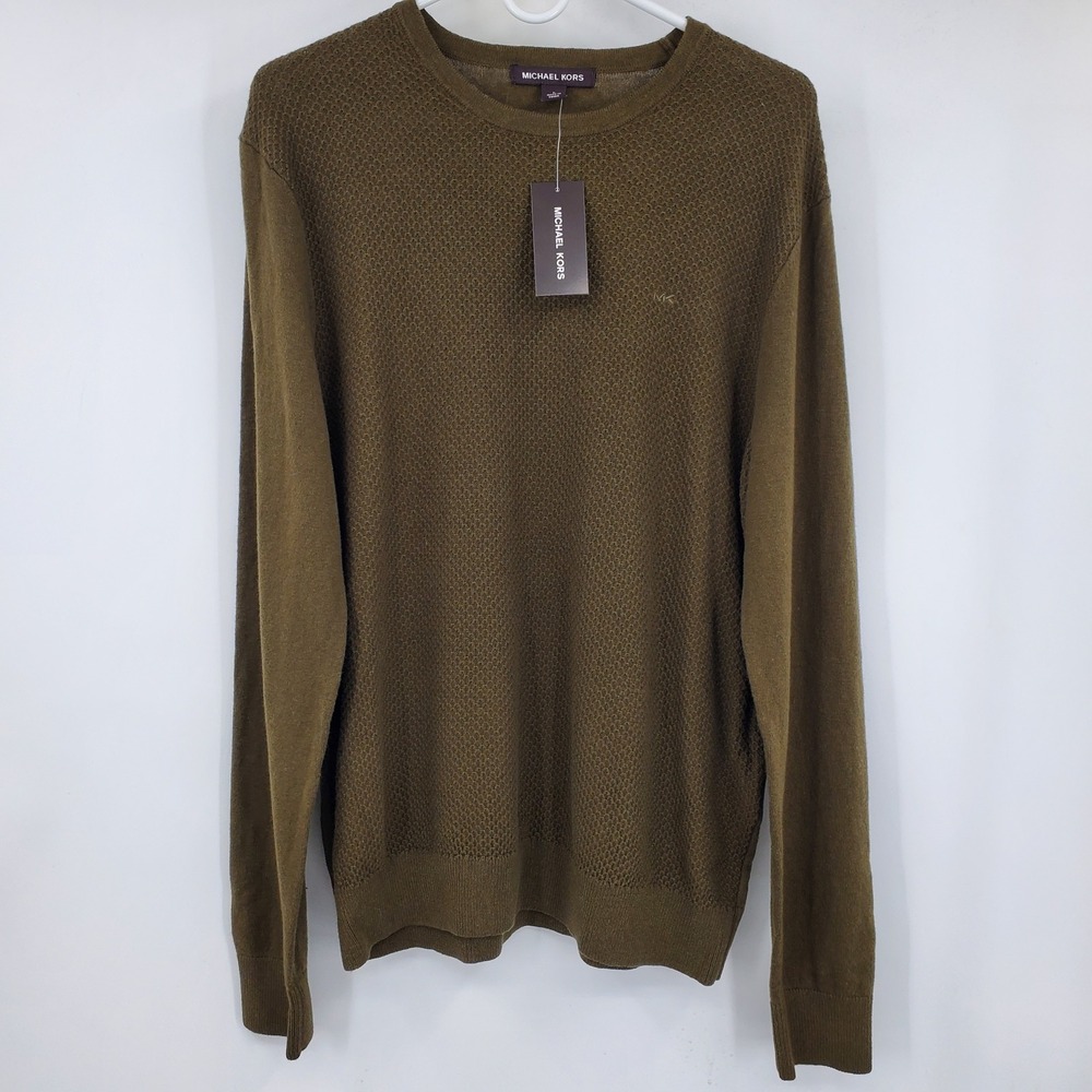 Michael Kors Mens Olive Green Textured Cotton Wool Blend Sweater Large Earthy